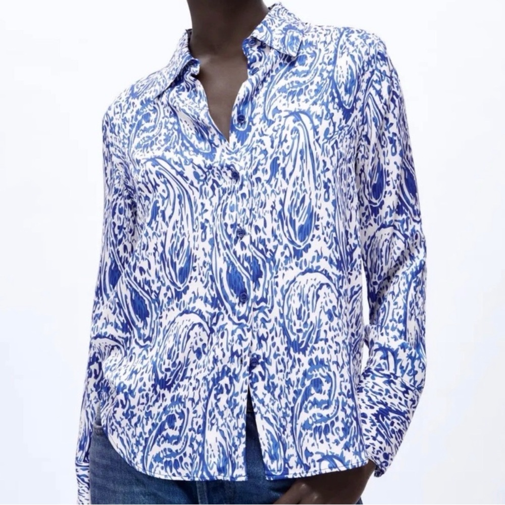 NWOT Zara Viscose Abstract Swirl Paisley Print Indie Button Down size large